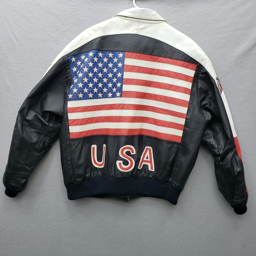 Vintage American Flag Leather Jacket Black Colorblock Motocore USA Retro Size XL